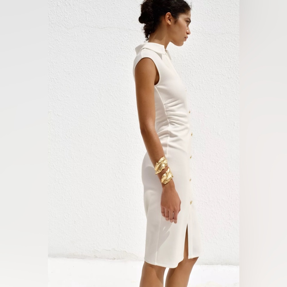 Zara Pique Midi Dress Oyster White Sleeveless & Gold Button Stretch V neck NWT S - Picture 5 of 14